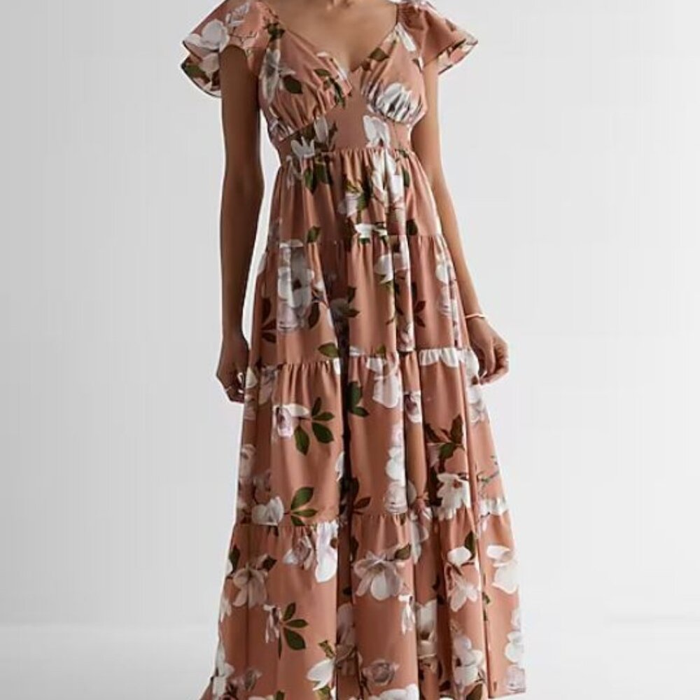 Floral V-Neck Flutter Sleeve Tiered Poplin Maxi Dress - Sz XS - NWT
